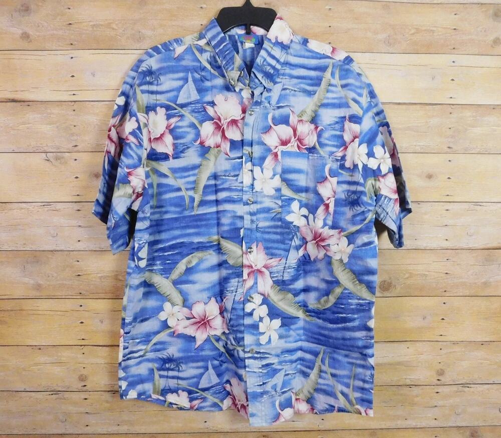 Vintage Hawaii Blues Men's Hawaiian Shirt Size L Blue Floral Tropical Button Up